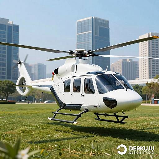 Futuristic White Helicopter Above Lawn