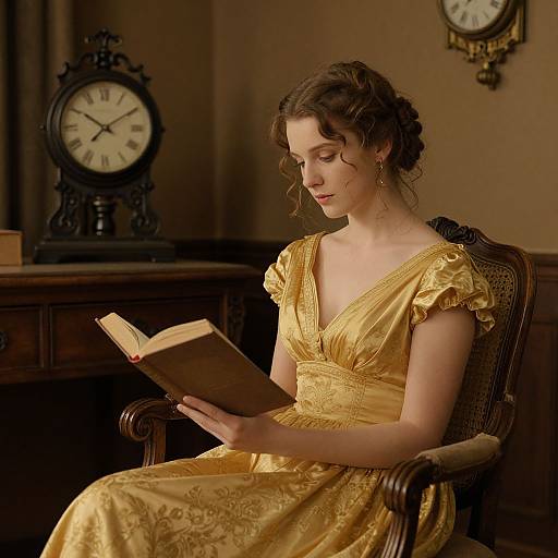 Photograph of a fair-skinned woman with curly brown hair, wearing a golden Victorian dress, reading a book in a dimly lit, antique room