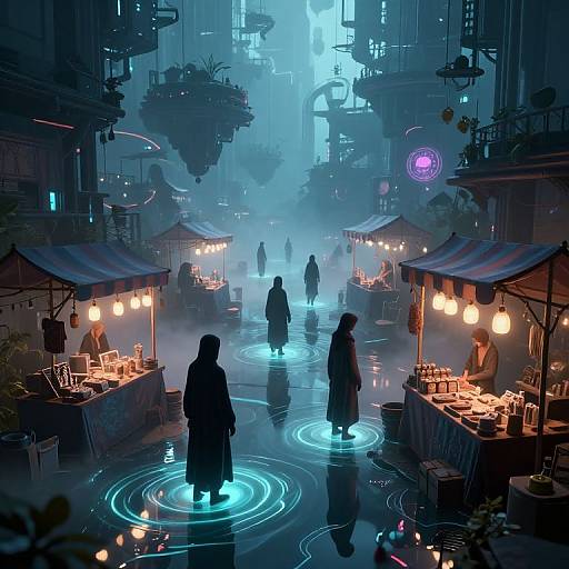 Cyberpunk market scene: Silhouetted figures stand in glowing blue water pools, surrounded by lit stalls and neon signs, under a misty