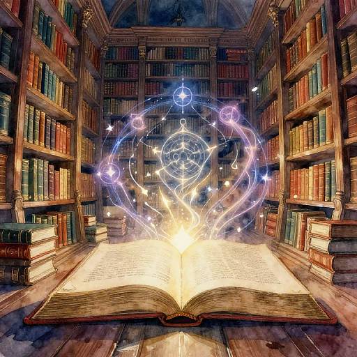 Magical library scene: open glowing book with radiant blue and white energy orbs, surrounded by stacked books on wooden shelves.