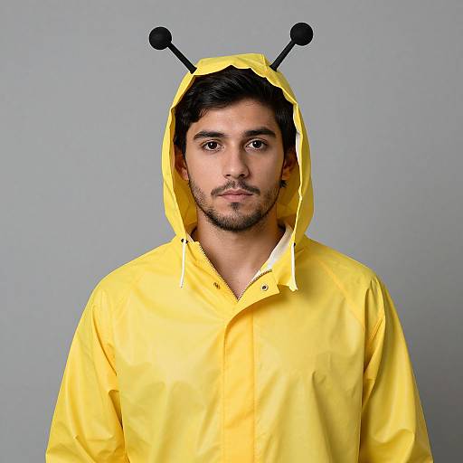 Photograph of a young man with medium skin tone and dark hair, wearing a bright yellow raincoat with black antennae, against a plain gray background