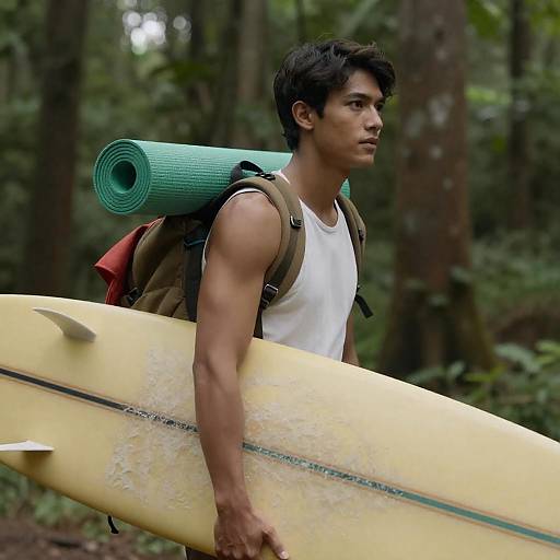 Young Surfer in Forest with Yellow Board