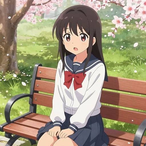 Anime Loli Schoolgirl in Cherry Blossoms