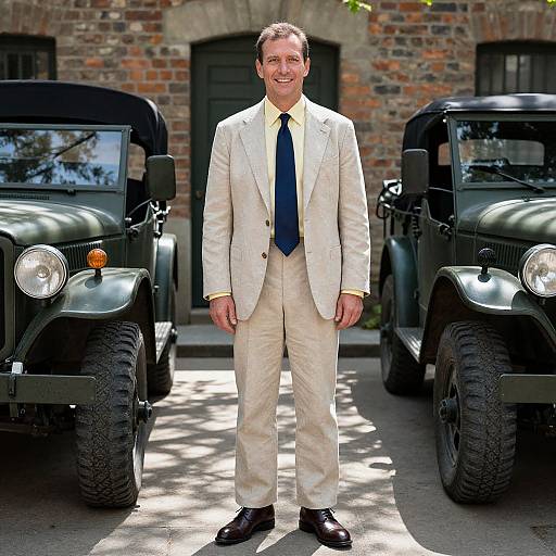 Photograph of a smiling man in a cream suit, yellow shirt, and blue tie, standing between two black vintage jeeps, in front of a