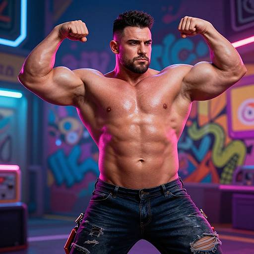 Photograph of a muscular, shirtless man with a beard, flexing his biceps in a neon-lit, graffiti-covered urban setting, wearing