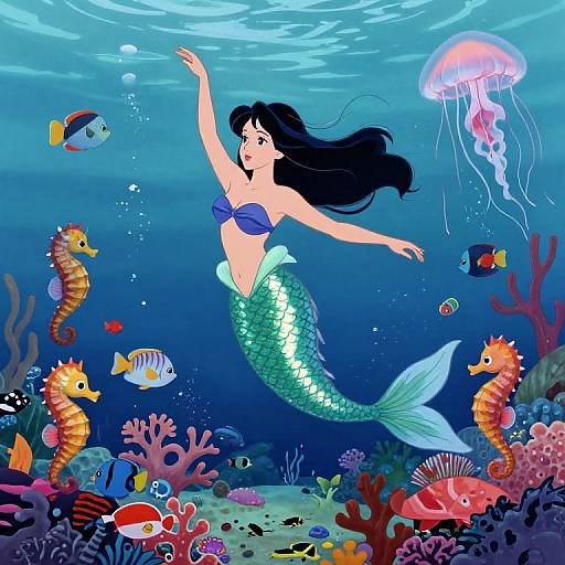 Digital illustration of a mermaid with a blue seashell top and green scales, swimming among colorful fish, seahorses, and coral in a