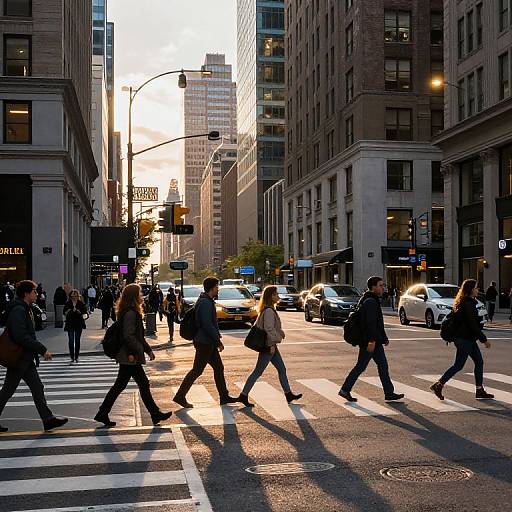 Photograph of a busy city crosswalk at sunset, with silhouetted pedestrians crossing, tall buildings, and bright sunlight casting long shadows.