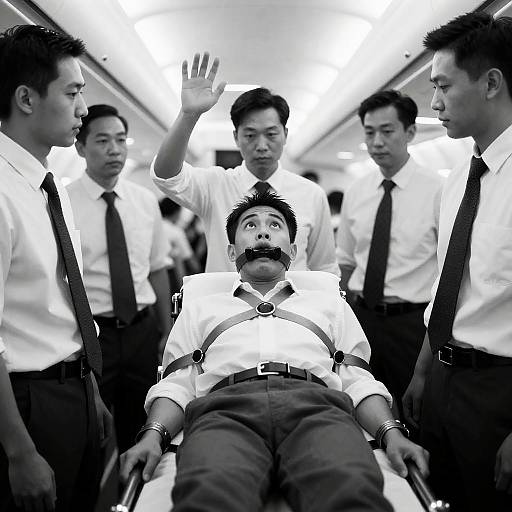 Dramatic Scene in Airplane Aisle