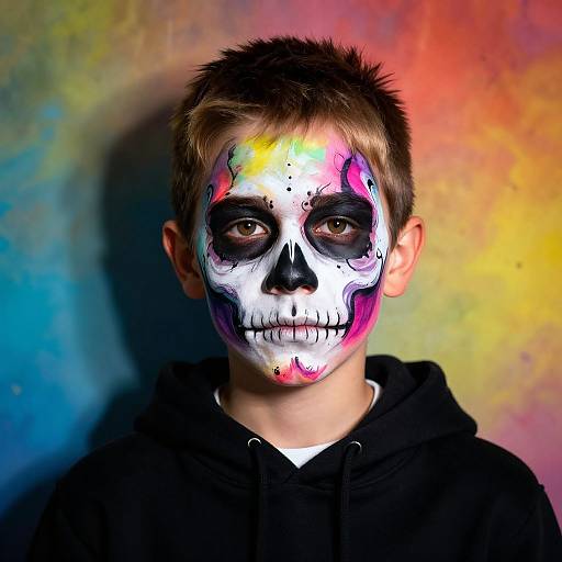 Photograph of a young boy with spiky brown hair, wearing a black hoodie, face painted as a colorful sugar skull against a vibrant, multicol