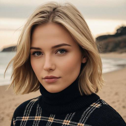 Young Blonde Woman in Black Turtleneck on Beach