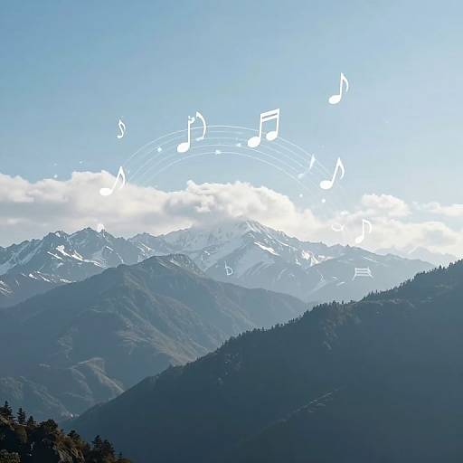 Photograph of a mountain range with snow-capped peaks, dark green forested slopes, and clear blue sky. White musical notes float above the mountains