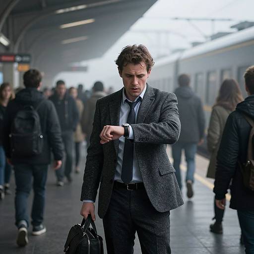 Photograph of a serious, handsome man in a gray suit and blue tie, holding a black briefcase, walking through a busy, dimly-l
