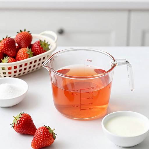 Photograph of a clear measuring cup with pinkish-red liquid, surrounded by strawberries, white bowls, and a white basket on a white countertop.