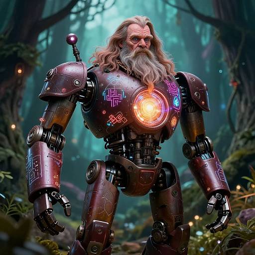 Digital artwork of a grizzled old man with a long white beard, wearing a metallic, glowing robot suit, standing in a mystical forest.