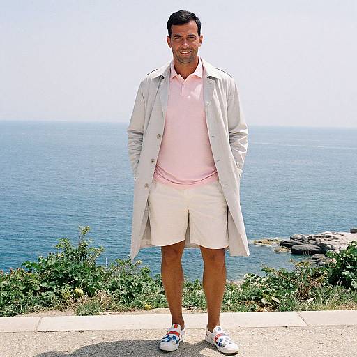 Photograph of a smiling man with short dark hair, wearing a light pink polo, white shorts, beige coat, and white sneakers, standing on a