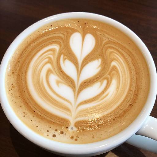 Photograph of a latte with intricate leaf-shaped foam pattern in a white cup on a dark wooden table.