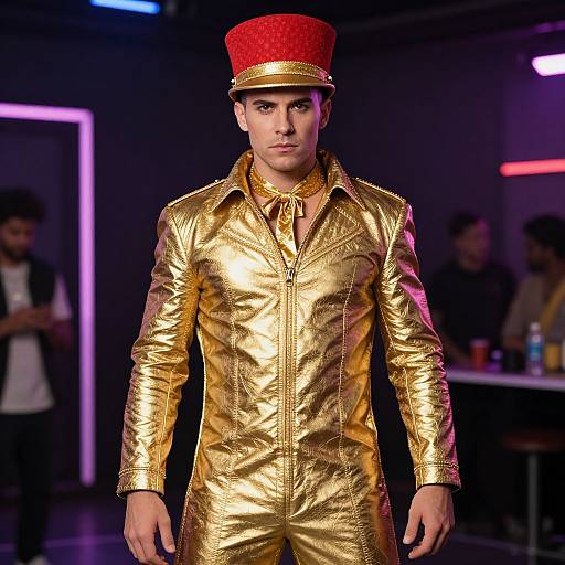 Photograph of a male model in a shiny gold jumpsuit and red top hat, walking a runway in a dimly lit, neon-lit background