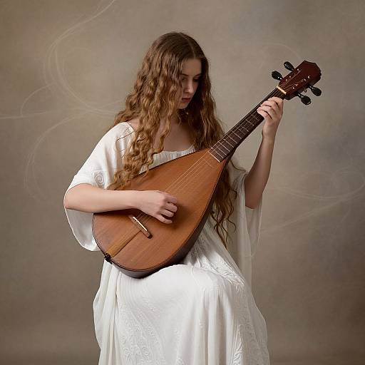 Photograph of a young woman with long, wavy brown hair playing a wooden banjo, wearing a white, off-shoulder, lace dress