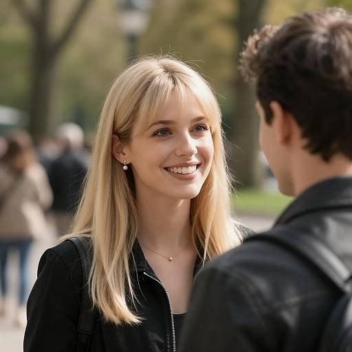 Smiling Blonde Woman in Park Conversation