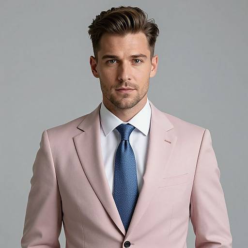 Photograph of a handsome, fair-skinned man with short, styled brown hair, light beard, wearing a pink suit, white shirt, and blue