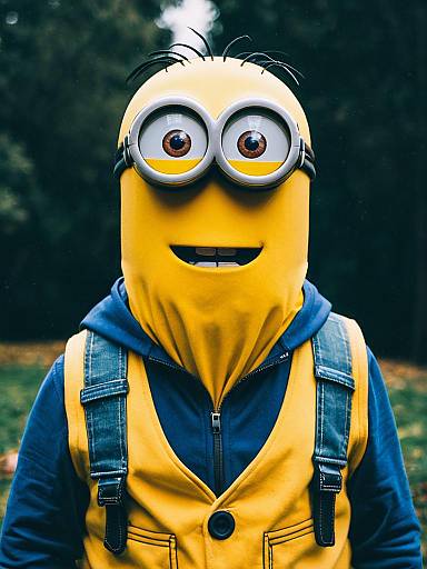 Photograph of a person wearing a Minion costume with yellow skin, large round eyes, and blue overalls, standing outdoors with a blurred forest background