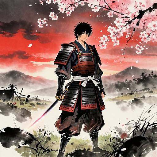 Samurai warrior in black armor with red accents stands under cherry blossoms at sunset, holding a sword, against a dramatic red and gray sky. Digital