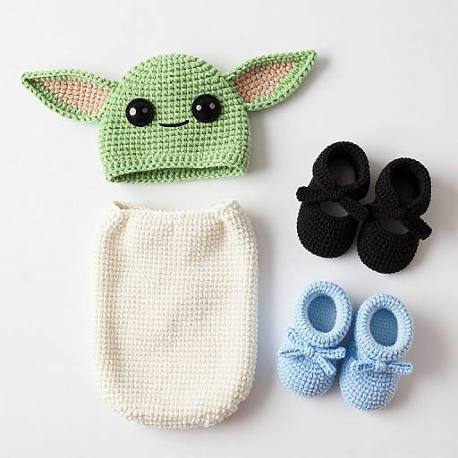 Photograph of hand-crocheted Yoda baby set: green headband with black eyes, white onesie, black shoes, and light blue
