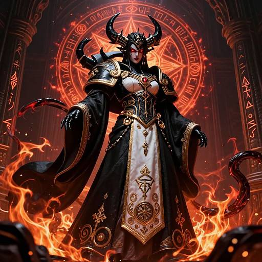 Digital artwork of a powerful, horned, red-eyed female demon in ornate black and gold armor, standing amid fiery flames before a glowing, circular