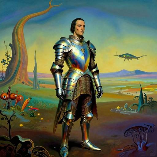 Digital art: Medieval knight in shiny silver armor stands confidently in vibrant, surreal landscape with flying creature, fantastical plants, and distant mountains.