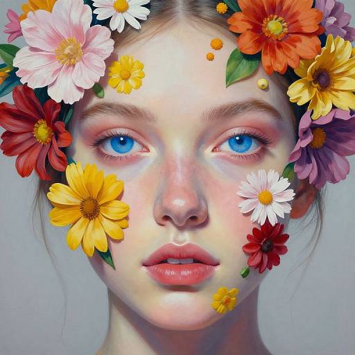 Digital portrait of a young woman with striking blue eyes, adorned with a colorful flower crown of red, yellow, pink, and white blossoms, against