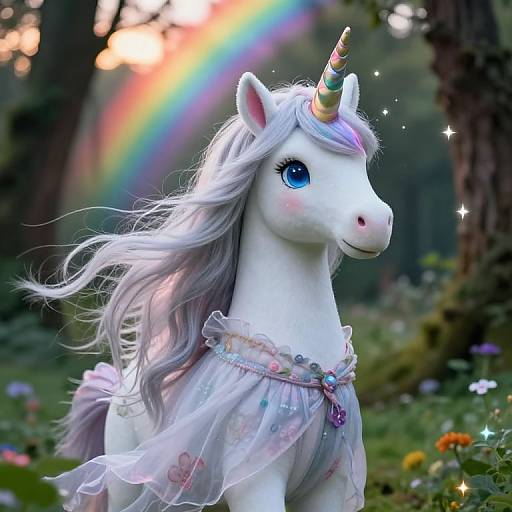 Photorealistic digital art of a white unicorn with blue eyes, a rainbow horn, flowing silver mane, and a translucent, flower-patterned dress,