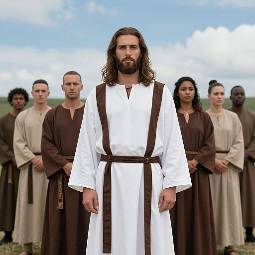 Photograph of a bearded, long-haired man in a white robe with brown belt, standing in front of a group of people in brown and beige