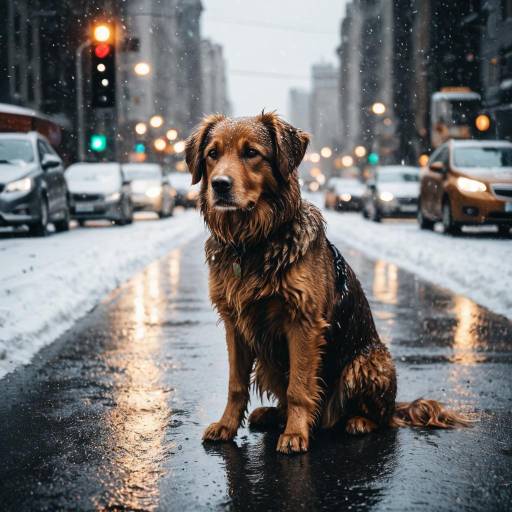 Brown Dog Sitting on Snowy City Street