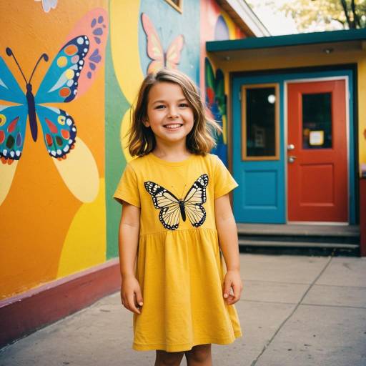 Smiling Toddler Girl in Yellow Butterfly Dress