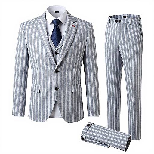 Photograph of a white, blue-striped pinstripe suit with black buttons, blue tie, white shirt, and matching trousers and pocket square.