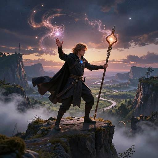 Young Sorcerer Casting Magic Atop Cliff