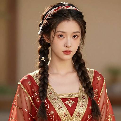 Girl with Braids in Red Dress