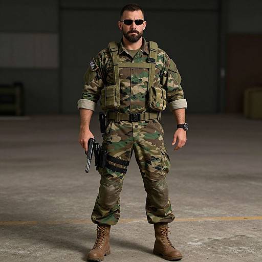 Bearded Soldier in Camo Uniform