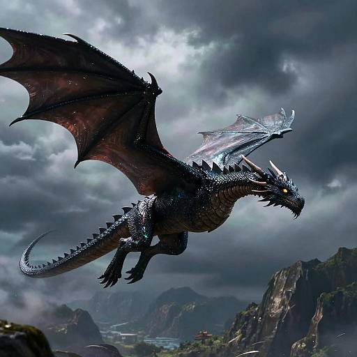 Digital fantasy artwork of a black, winged dragon with glowing blue eyes flying over a stormy, mountainous landscape. Dramatic clouds and misty