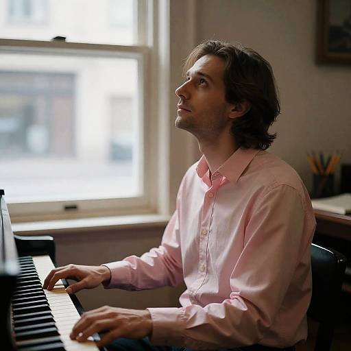 Contemplative Pianist in a Pink Shirt