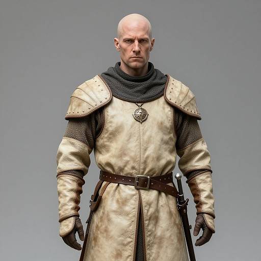 Bald, stern-looking man in medieval-style, gold armor with black mesh sleeves, brown belt, and gloves, gray background, CGI image.