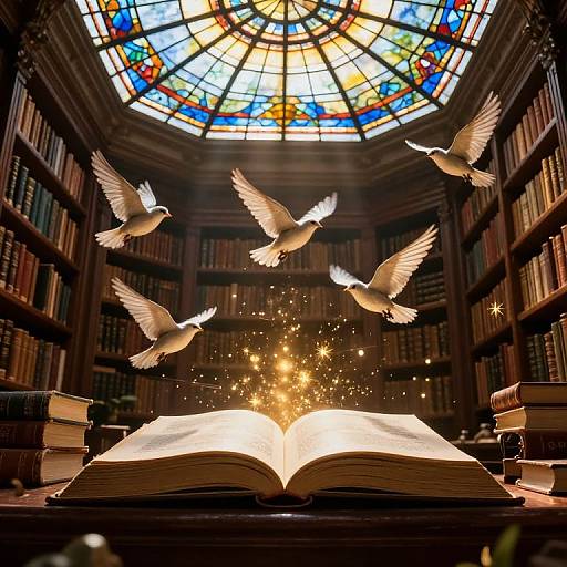 Ethereal Birds in Sunlit Library