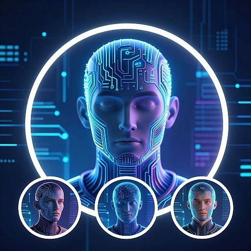 Digital art of a futuristic woman with a glowing, circuit-patterned face, surrounded by three smaller circular portraits, against a blue neon-lit background.