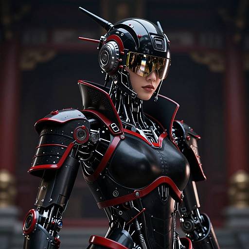 CGI image of a futuristic female android in black and red armor, with metallic headgear and reflective visor, in a dimly lit, orn