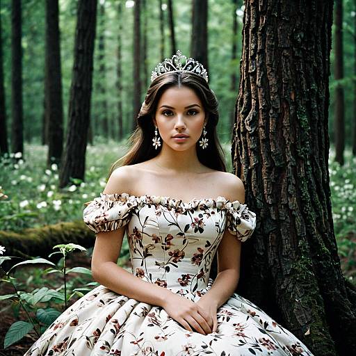 Young Princess in Floral Puff Dress in Forest