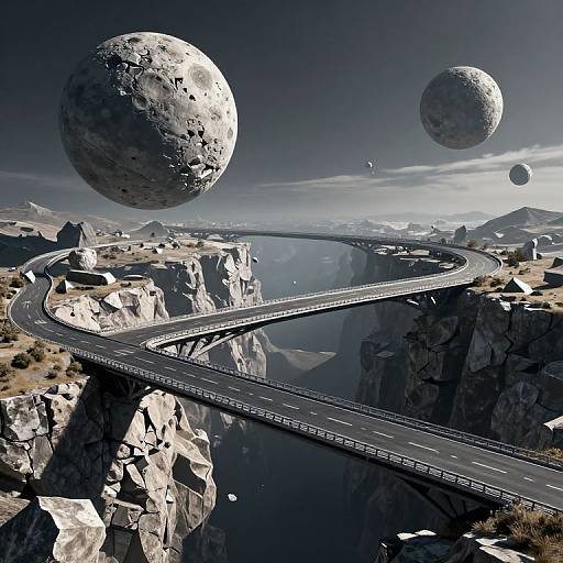 Digital art of a surreal landscape with a winding road, three large moon-like planets, rocky terrain, and reflective water pools.