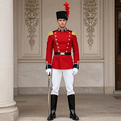 Photorealistic image of a young male soldier in a red British military uniform with gold epaulettes, white pants, black boots, black hat