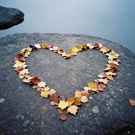 Photograph of a heart-shaped arrangement of autumn leaves on a large, gray rock by calm, blue water. Leaves are yellow, orange, and brown