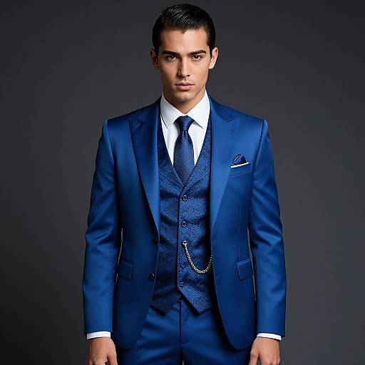 Photograph of a young man with dark hair, wearing a blue three-piece suit, white shirt, and black tie, against a dark gray background.