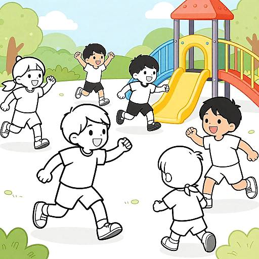 Cartoon of six smiling children running in a colorful playground with a yellow slide, green trees, and red roof. Black-and-white line-drawn children